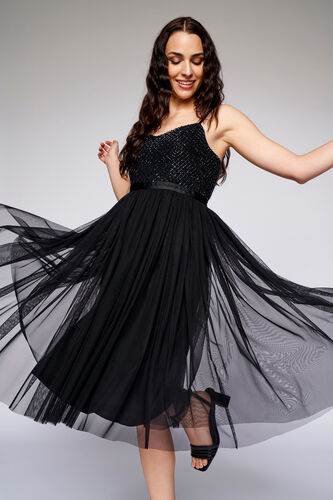 Black Solid Flared Dress, Black, image 2